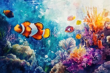Obraz premium Watercolor Painting of a Clownfish and Coral Reef