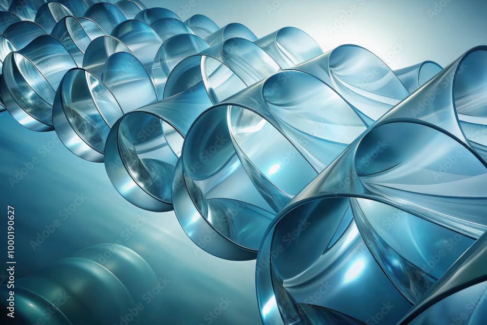 Poster a mesmerizing arrangement of translucent, wavy glass-like structures intertwining in soft blue light