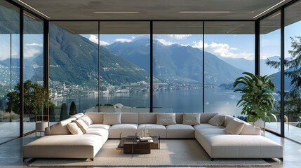 Modern living room with white sofa and large windows overlooking the mountains, lake and city. The glass walls have aluminum window frames. The floor is covered with white carpet
