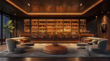 Interior of cozy modern restaurant with a bar counter and lamp lighting