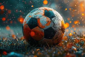 Naklejka premium Soccer ball dirty on green grass of football field, close-up.