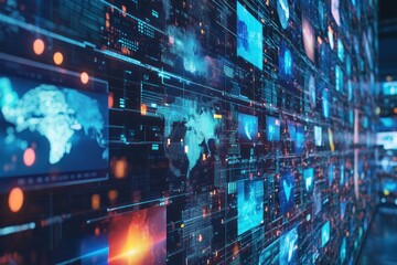 A Wall of Interconnected Digital Screens Displaying Global Data and Information