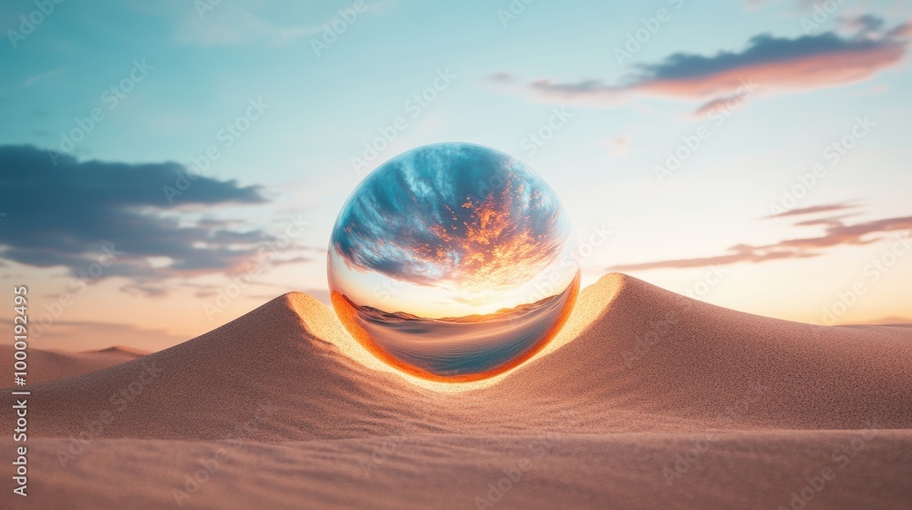 Poster a massive, metallic sphere, half buried in the sand, emits a pulsating light, creating a surreal ima