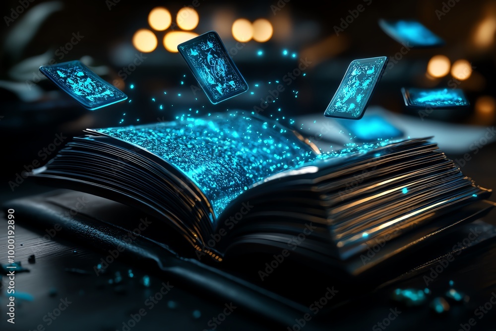 Poster Magical floating books and flashcards in a fantasy classroom, where teaching materials glow with enchanted light, and students are learning from magical tools