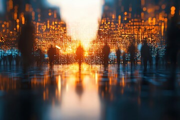 Obraz premium Silhouettes of people against a vibrant sunset backdrop, creating a mesmerizing urban atmosphere filled with golden light.