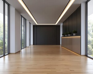 Fototapeta premium Modern bank interior with digital counters, glass walls, and wooden floors, Contemporary minimalism, warm lighting, realistic detail