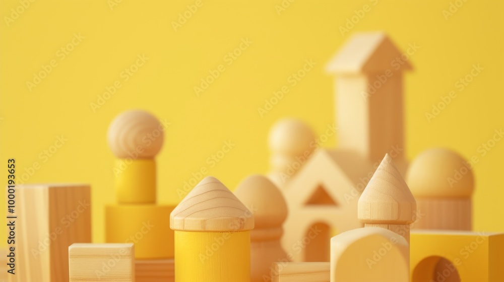 Poster close-up shot of wooden building blocks arranged to form abstract structures, highlighted by a vibra