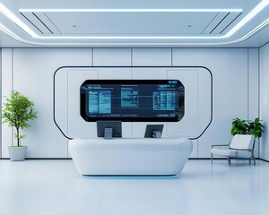 Sleek bank interior with interactive digital screens, minimalistic furniture, and ambient blue lighting, Tech-futuristic, cool tones, sharp focus