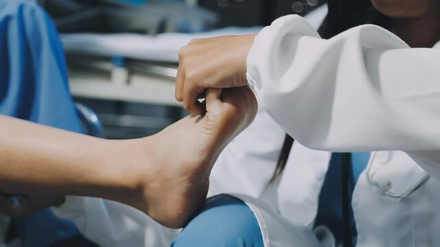Senior woman, rehabilitation and help for foot injury, disability or pain in nursing home. Physiotherapist, doctor and treatment for feet, ankle or legs with physical therapy, elderly care and nurse