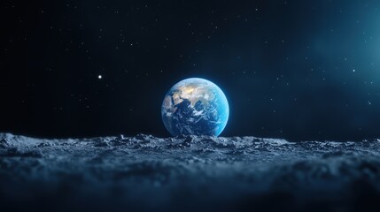 A view of the Earth from the surface of the moon, highlighting the blue planet against the black void of space.