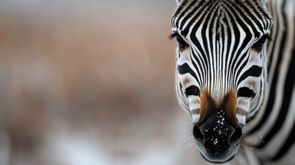 A detailed close-up of a zebra's face showcasing its distinct black and white striped pattern, with a soft blurred background setting off the bold markings.