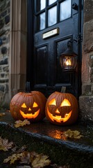 Obraz premium Two glowing Halloween pumpkins with carved faces sit at the entrance of a home, surrounded by fallen leaves, creating a festive autumn atmosphere.