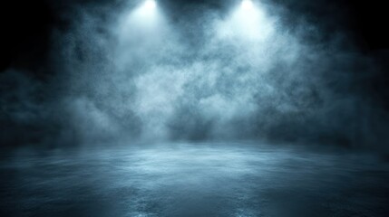 Dramatic lights shine on a foggy stage area, enhancing the mysterious atmosphere for upcoming performances