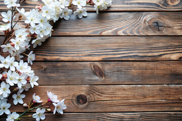 Delicate cherry blossoms gracefully arranged on rustic wooden planks, evoking spring's nostalgic beauty in natural light. Generative AI