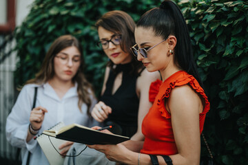 Three businesswomen collaborating and brainstorming ideas outdoors, while reviewing notes in a...