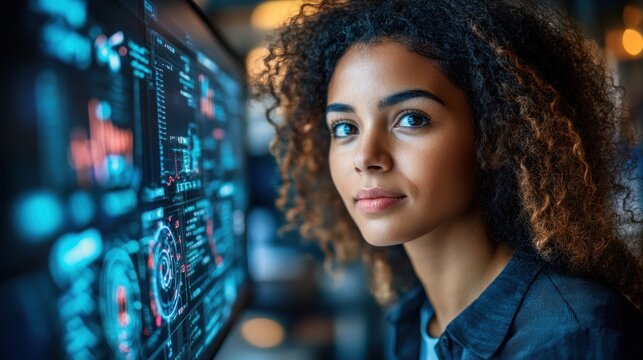 A young woman is engaged in analyzing complex data projections on a large screen in a contemporary office setting