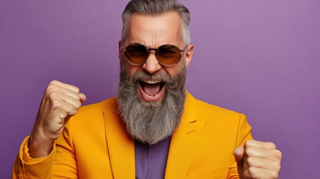 A man with a beard wearing sunglasses and an orange suit celebrates with enthusiasm and joy