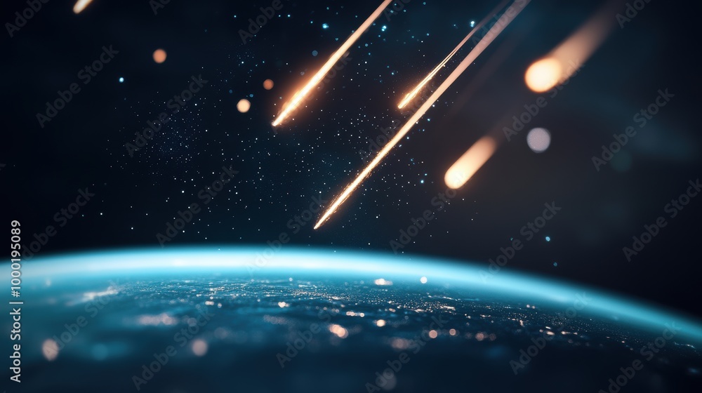 Poster a photograph of a meteor shower, showcasing the streaks of light left behind by burning meteoroids i