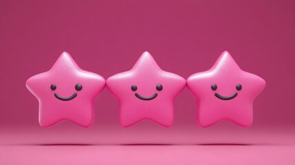 Obraz premium Three cheerful pink star toys with smiles sit closely together, adding a fun element to the colorful backdrop
