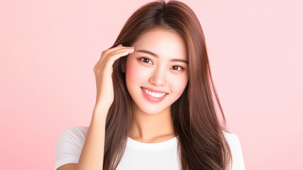 Fototapeta premium A beautiful asian woman with long hair is smiling and touching the side of her head. She is wearing a white t shirt against a pastel pink background