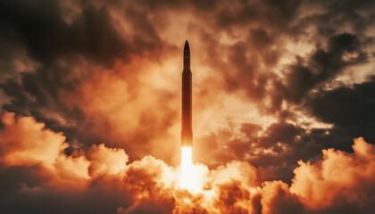 Large ICBM ballistic missile launched, rocket with fire and smoke under, clouds sky background. Generative AI
