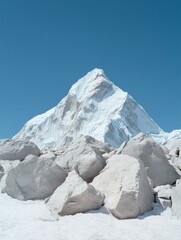 Obraz premium Majestic Mount Everest: An Aerial View of the Roof of the World, showcasing the sheer scale and grandeur of the highest mountain on Earth, with snowy peaks, rocky slopes, and a clear blue sky.