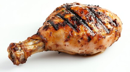 perfectly grilled chicken leg on stark white background glistening with savory juices char marks adding visual appeal epitome of mouthwatering food photography