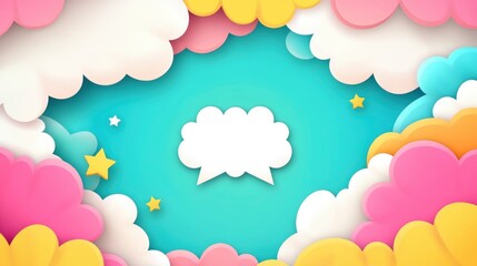 Colorful cartoon art with white clouds and colorful stars with empty space in the center against blue background