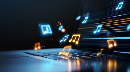 Modern Digital Landscape of HD Streaming Services, representing the digital transformation of music, entertainment, and technology. Music notes stream from a laptop, symbolizing the power of online pl
