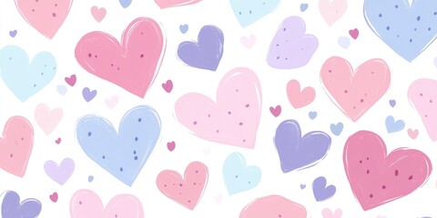 Pastel pink, baby blue and purple heart, leaves pattern on a white background