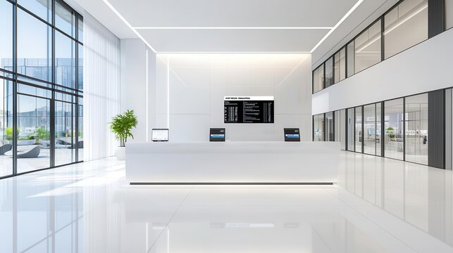 Spacious modern bank lobby with white walls, sleek counters, and digital financial displays, Minimalist, clean lines, soft warm light