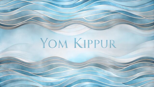 Elegant abstract flowing waves and "Yom Kippur" text in blue tones