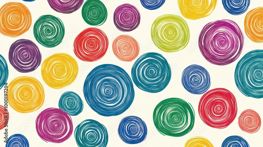 Poster playful and vibrant seamless pattern of handdrawn circular doodles in a rainbow of colors creating a