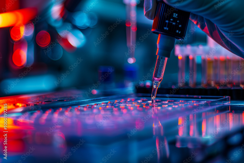 Poster biotechnologist using a pipette to add a solution to microfluidic chips for disease diagnostics