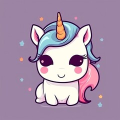 Fototapeta premium Cute Baby Unicorn Illustration with Pastel Colors on Purple Background Perfect for Kids' Products and Decor