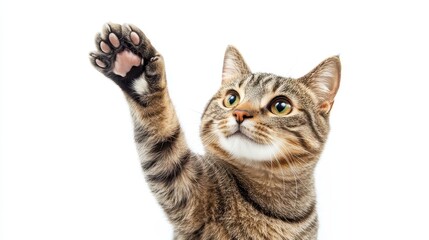 Obraz premium playful cat giving high five outstretched paw curious expression sleek feline pose plain white background dynamic interaction charming pet portrait engaging animal behavior
