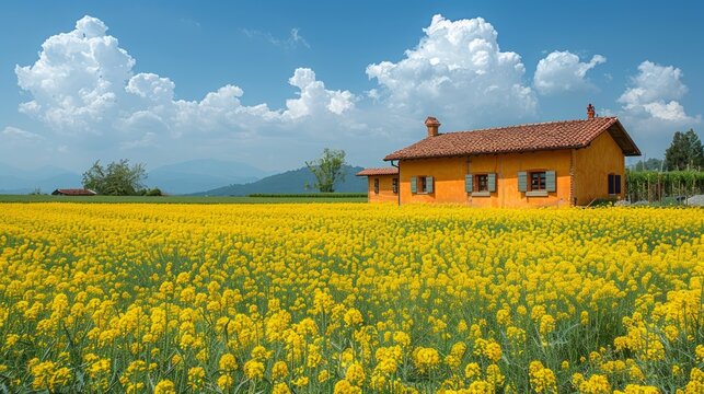 Mustard field and some houses behind the mustard field under the blue sky long view 