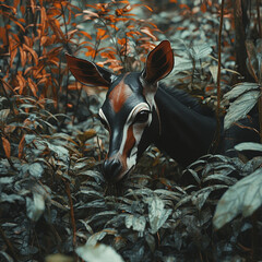 An okapi feeding in dense underbrush of rainforest, surrounded by lush foliage and vibrant leaves. scene captures beauty and tranquility of wildlife in its natural habitat