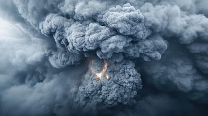 A powerful image of a volcanic ash cloud billowing with a visible fiery center, depicting raw natural energy and geological activity.