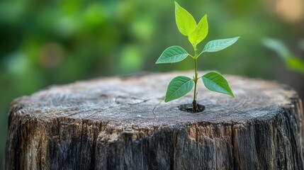 poignant image of young sapling emerging from decaying tree stump lush green leaves contrast with weathered wood symbolizing renewal and resilience