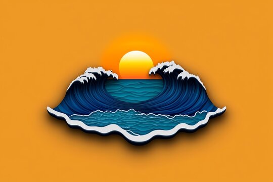 Minimal beach icon, showing waves gently lapping at the shore, with a simple sun setting in the background, capturing the essence of outdoor relaxation