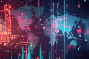 Digital World Map with Glowing Data Visualizations