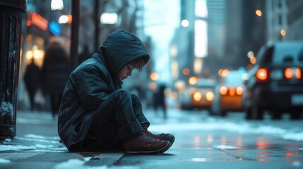 Obraz premium poignant scene of a solitary child sitting on a gritty urban sidewalk head bowed in contemplation surrounded by the hustle and bustle of city life