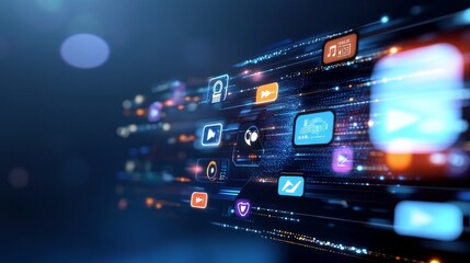 The Future of Entertainment: A Digital Landscape of Streaming Services, showcasing the growth of online video and music platforms, connectivity, innovation, user experience, and accessibility.