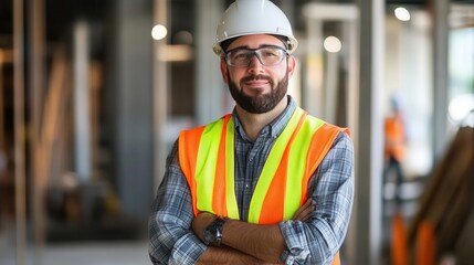 portrait of a confident construction worker wearing a hard hat and safety vest conveying expertise and reliability