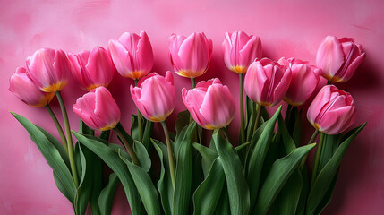 bouquet of tulips on pink background