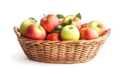 Realistic display of fresh apples in a wicker basket on a white background, emphasizing their vibrant red and green colors with smooth, glossy skins