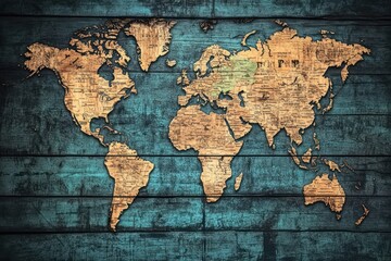 Vintage World Map on Distressed Teal Wooden Planks
