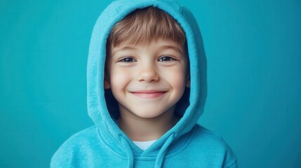 portrait of cheerful boy in blue hoodie vibrant background matching clothing genuine smile natural lighting capturing youthful energy and innocence