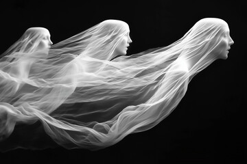 Fototapeta premium Floating white Ghost on black background, Halloween concept